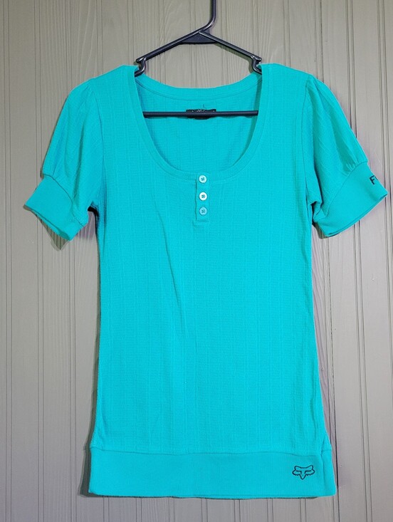 Fox Tops - FOX Short Sleeve Knit Henley Shirt Round Neck Teal Women's Small